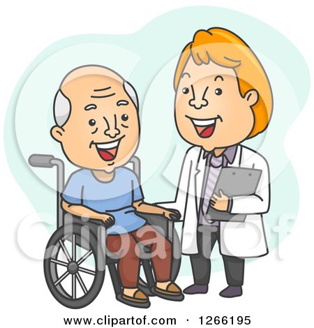 Clipart of a White Senior Male Patient in a Wheelchair, Laughing with His Doctor - Royalty Free Vector Illustration by BNP Design Studio