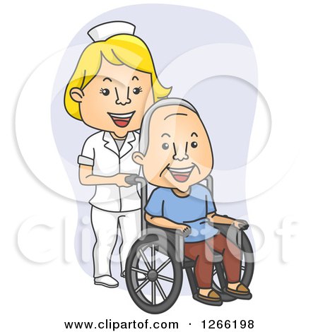 Clipart of a Happy Blond White Female Nurse Pushing a Male Patient in a Wheelchair - Royalty Free Vector Illustration by BNP Design Studio