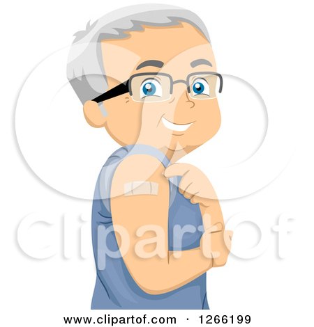 Clipart of a Happy White Male Senior Pointing to a Bandage on His Arm - Royalty Free Vector Illustration by BNP Design Studio