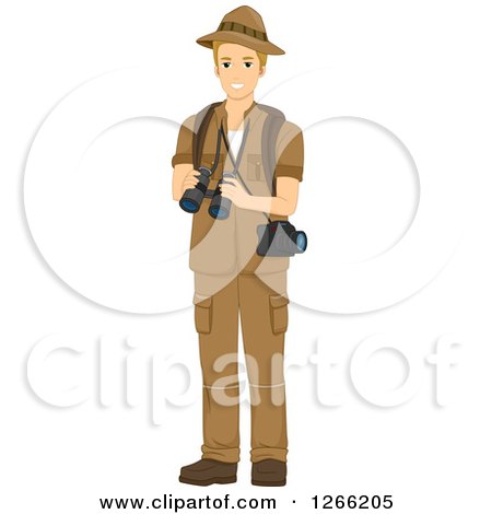 Clipart of a Blond White Male Safari Man with a Camera, Holding Binoculars - Royalty Free Vector Illustration by BNP Design Studio