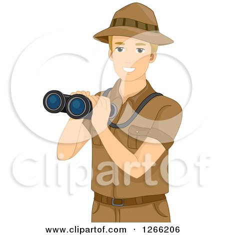 Clipart of a Blond White Male Safari Man Holding Binoculars - Royalty Free Vector Illustration by BNP Design Studio