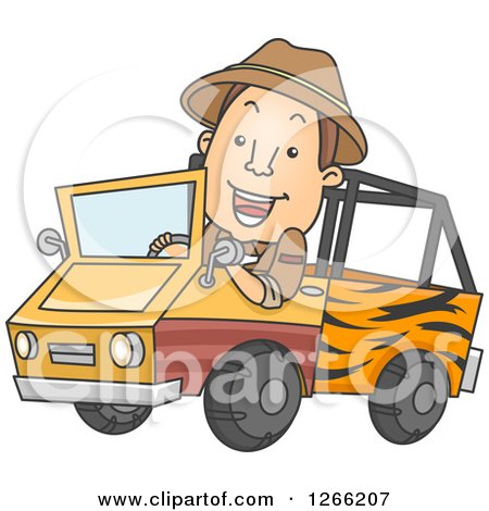 Clipart of a Happy Brunette White Safari Man Driving a Truck - Royalty Free Vector Illustration by BNP Design Studio