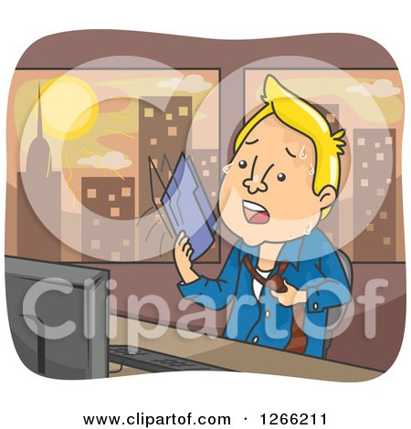 Clipart of a Blond White Man Fanning Himself with a Folder in a Hot Office - Royalty Free Vector Illustration by BNP Design Studio