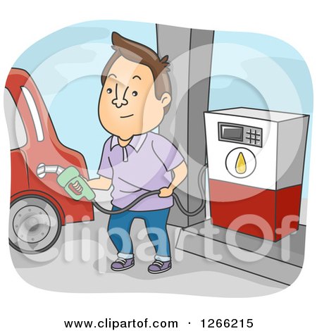 Clipart of a Brunette White Man Filling up His Car with Gas at a Station - Royalty Free Vector Illustration by BNP Design Studio