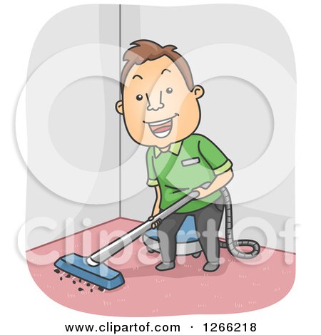 Clipart of a Happy Brunette White Man Cleaning a Carpet - Royalty Free Vector Illustration by BNP Design Studio