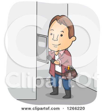 Clipart of a Brunette White Male Electrician Working on a Fuse Box - Royalty Free Vector Illustration by BNP Design Studio