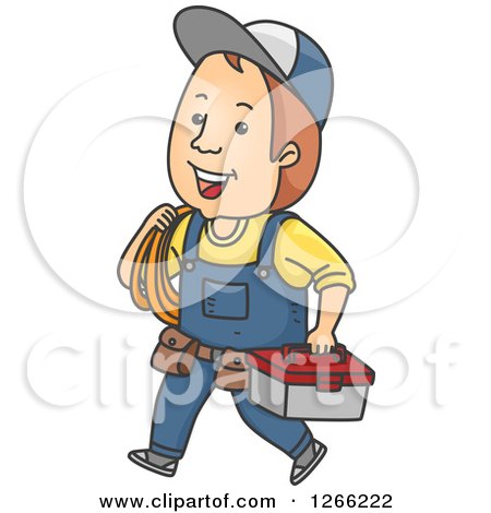 Clipart of a Happy Brunette White Man Carrying Rope and a Tool Box - Royalty Free Vector Illustration by BNP Design Studio