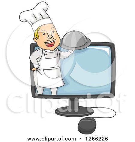Clipart of a Happy Blond Male Chef Holding a Platter and Emerging from a Computer Screen - Royalty Free Vector Illustration by BNP Design Studio