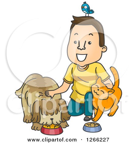 Clipart of a Happy Brunette Male Petsitter with a Bird Cat and Dog - Royalty Free Vector Illustration by BNP Design Studio
