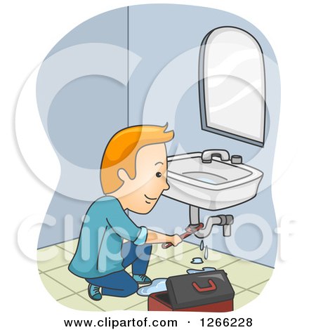 Clipart of a Red Haired Male Plumber Fixing a Sink - Royalty Free Vector Illustration by BNP Design Studio