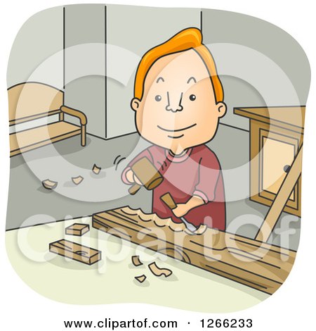 Clipart of a Happy Red Haired White Man Carving Wood - Royalty Free Vector Illustration by BNP Design Studio