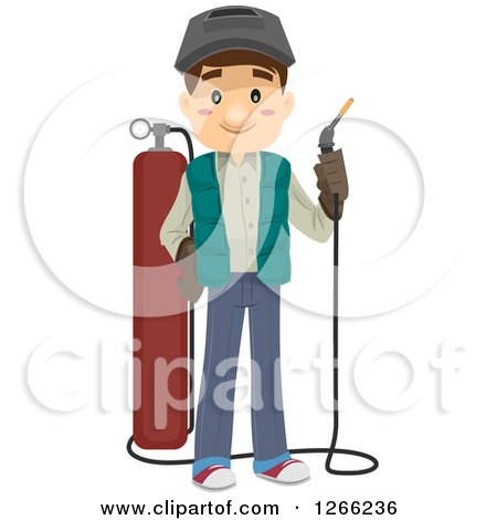 Clipart of a Happy White Man Holding a Cutting Torch Tool - Royalty Free Vector Illustration by BNP Design Studio
