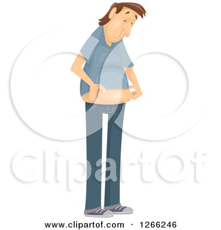 Clipart of a Chubby Brunette White Man Holding His Beer Belly - Royalty Free Vector Illustration by BNP Design Studio