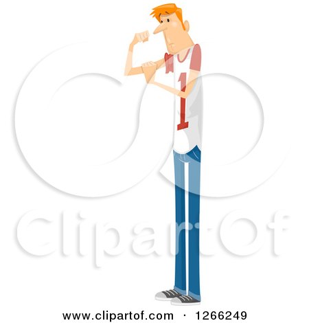 Clipart of a Scrawny Red Haired White Man Trying to Flex His Biceps - Royalty Free Vector Illustration by BNP Design Studio