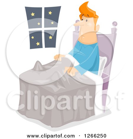 Clipart of a Red Haired White Man Sitting up in Bed, Sleepless with Insomnia - Royalty Free Vector Illustration by BNP Design Studio