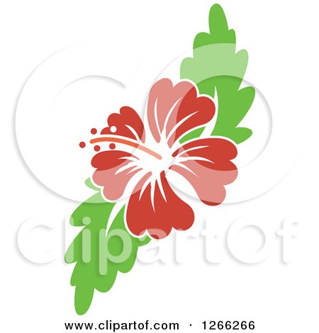 Clipart of a Red Hibiscus Flower and Green Leaves - Royalty Free Vector Illustration by BNP Design Studio
