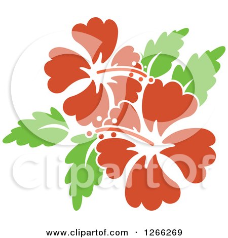 Clipart of Red Hibiscus Flowers and Green Leaves - Royalty Free Vector Illustration by BNP Design Studio