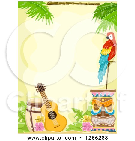 Clipart of a Hawaiian Background with a Parrot Tiki and Guitar - Royalty Free Vector Illustration by BNP Design Studio