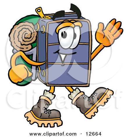 Clipart Picture of a Suitcase Cartoon Character Hiking and Carrying a Backpack by Mascot Junction