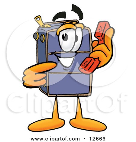 Clipart Picture of a Suitcase Cartoon Character Holding a Telephone by Mascot Junction