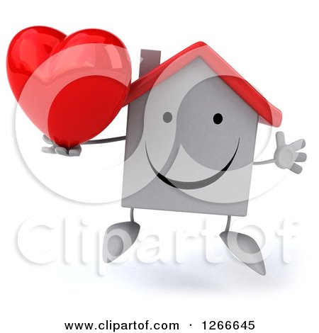 Clipart of a 3d Happy White House Character Jumping and Holding a Heart - Royalty Free Illustration by Julos