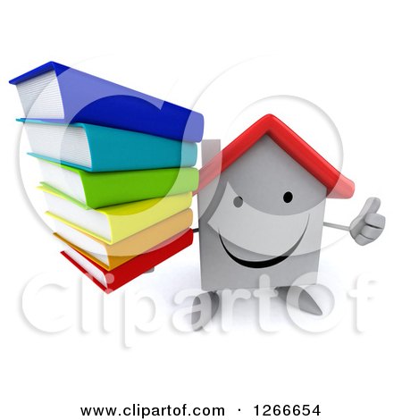 Clipart of a 3d Happy White House Character Holding a Stack of Books and a Thumb up - Royalty Free Illustration by Julos