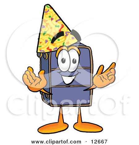 Clipart Picture of a Suitcase Cartoon Character Wearing a Birthday Party Hat by Mascot Junction
