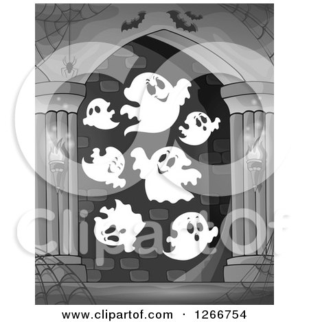 Clipart of a Spider Webs, Bats and Ghosts in a Grayscale Haunted Hallway - Royalty Free Vector Illustration by visekart