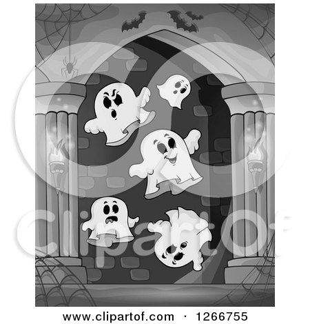 Clipart of a Spider Webs, Bats and Ghosts in a Grayscale Haunted Hallway - Royalty Free Vector Illustration by visekart