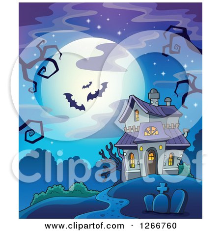 Clipart of a Full Moon and Bats with Creepy Bare Tree Branches over a Haunted Halloween House - Royalty Free Vector Illustration by visekart