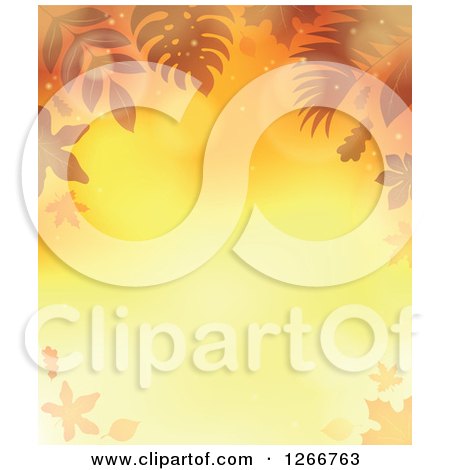 Clipart of a Background of Orange Flares and Autumn Fall Leaves Around Text Space - Royalty Free Vector Illustration by visekart