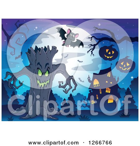 Clipart of a Spooky Ent Tree with Bats Jackolanterns and a Haunted House Against a Full Moon - Royalty Free Vector Illustration by visekart