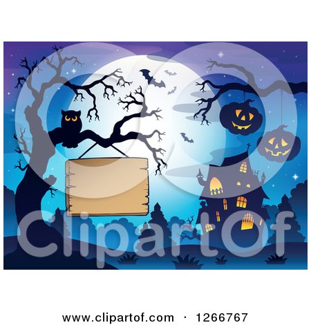 Clipart of a Wood Sign Hanging from a Bare Tree with an Owl, Jackolanterns, Bats, Full Moon and Haunted House - Royalty Free Vector Illustration by visekart