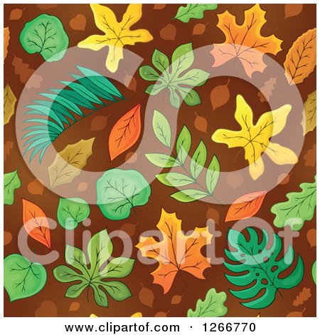 Clipart of a Seamless Autumn Leaves on Brown Background Pattern - Royalty Free Vector Illustration by visekart