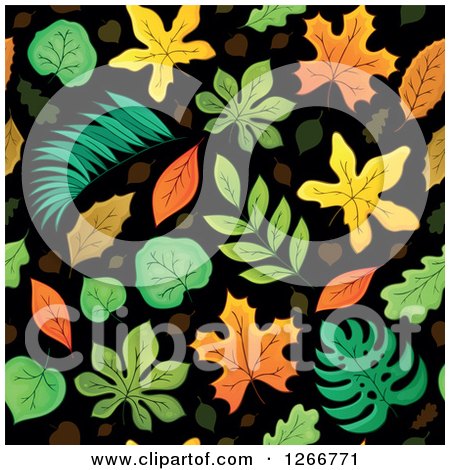 Clipart of a Seamless Autumn Leaves on Black Background Pattern - Royalty Free Vector Illustration by visekart