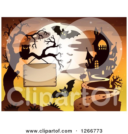 Clipart of a Wood Sign Hanging from a Bare Tree with an Owl, Bats, Full Moon and Haunted House - Royalty Free Vector Illustration by visekart