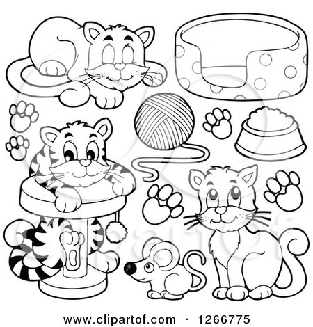 Clipart of Black and White Cats, Toys and Food - Royalty Free Vector Illustration by visekart