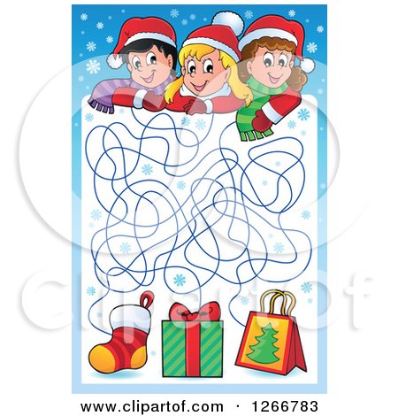 Clipart of a Christmas Maze with Children Leading to a Stocking Gift and Bag - Royalty Free Vector Illustration by visekart