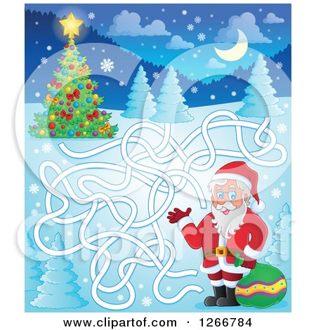 Clipart of a Christmas Maze with Santa to a Tree - Royalty Free Vector Illustration by visekart