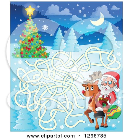 Clipart of a Christmas Maze with Santa Riding a Reindeer - Royalty Free Vector Illustration by visekart