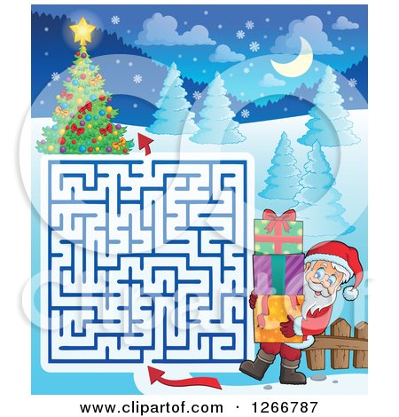 Clipart of a Christmas Maze with Santa Carrying Gifts to a Tree - Royalty Free Vector Illustration by visekart