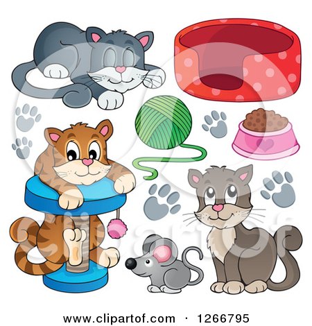 Clipart of Cats with Toys and Food - Royalty Free Vector Illustration by visekart