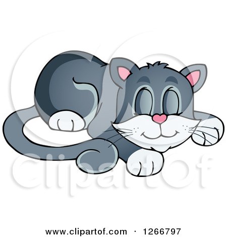 Clipart of a Gray and White Happy Cat Napping - Royalty Free Vector Illustration by visekart