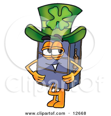 Clipart Picture of a Suitcase Cartoon Character Wearing a Saint Patricks Day Hat With a Clover on it by Mascot Junction