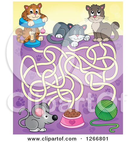 Clipart of a Cat Maze Leading to Yarn Pet Food and a Mouse - Royalty Free Vector Illustration by visekart