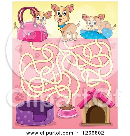 Clipart of a Chihuahua Dog Maze Leading to a Bed, Food Bowl, and House - Royalty Free Vector Illustration by visekart