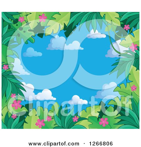 Clipart of a Border of Green Jungle Foliage and Pink Flowers over Sky Text Space - Royalty Free Vector Illustration by visekart