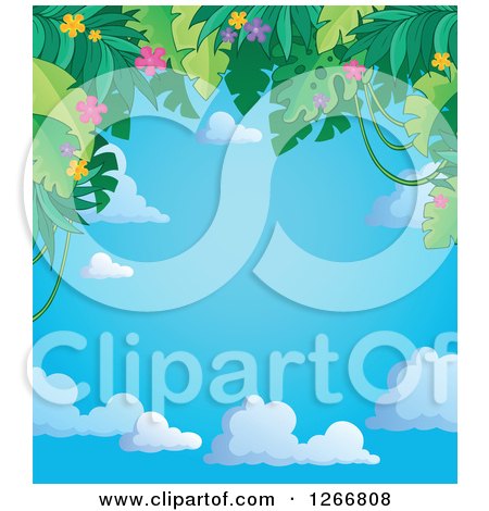 Clipart of a Border of Green Jungle Foliage and Colorful Flowers over Sky Text Space - Royalty Free Vector Illustration by visekart