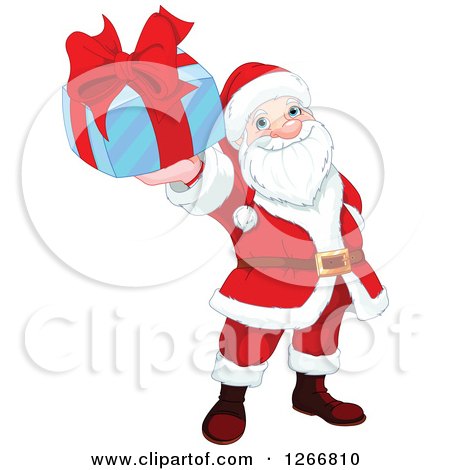 Clipart of Santa Claus Holding up a Blue and Red Christmas Gift - Royalty Free Vector Illustration by Pushkin