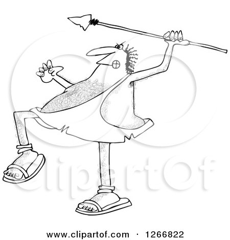 Clipart of a Black and White Hairy Caveman Throwing a Spear - Royalty Free Vector Illustration by djart